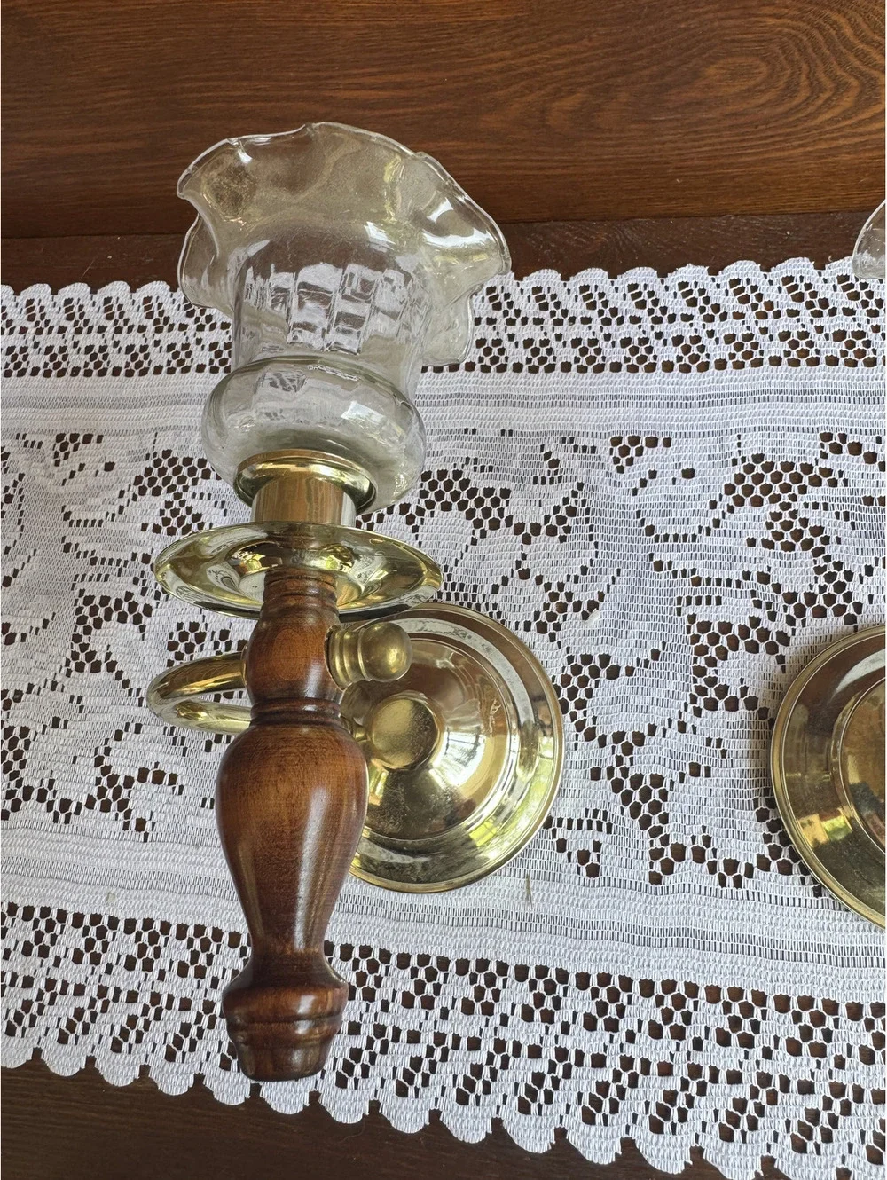 Vintage Pair of Wall Sconces with Wooden Handles and Glass Shades